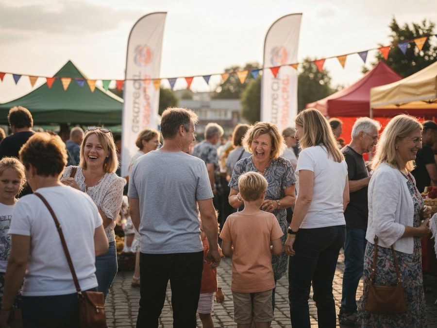 Grupa ludzi uczestnicząca w lokalnym festiwalu w Głogowie, śmiejąca się i rozmawiająca